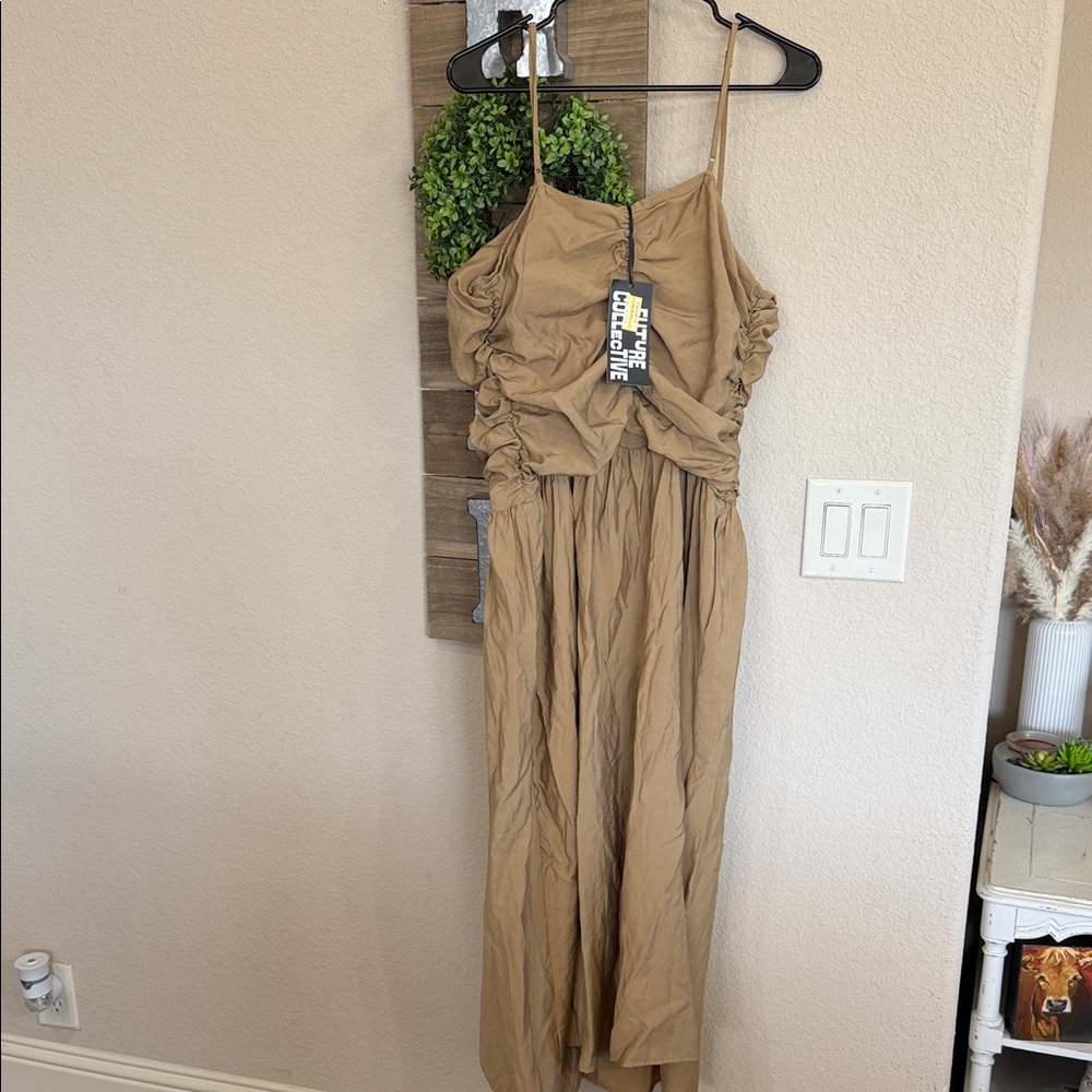 Ruched Tan Maxi Dress with Spaghetti Straps